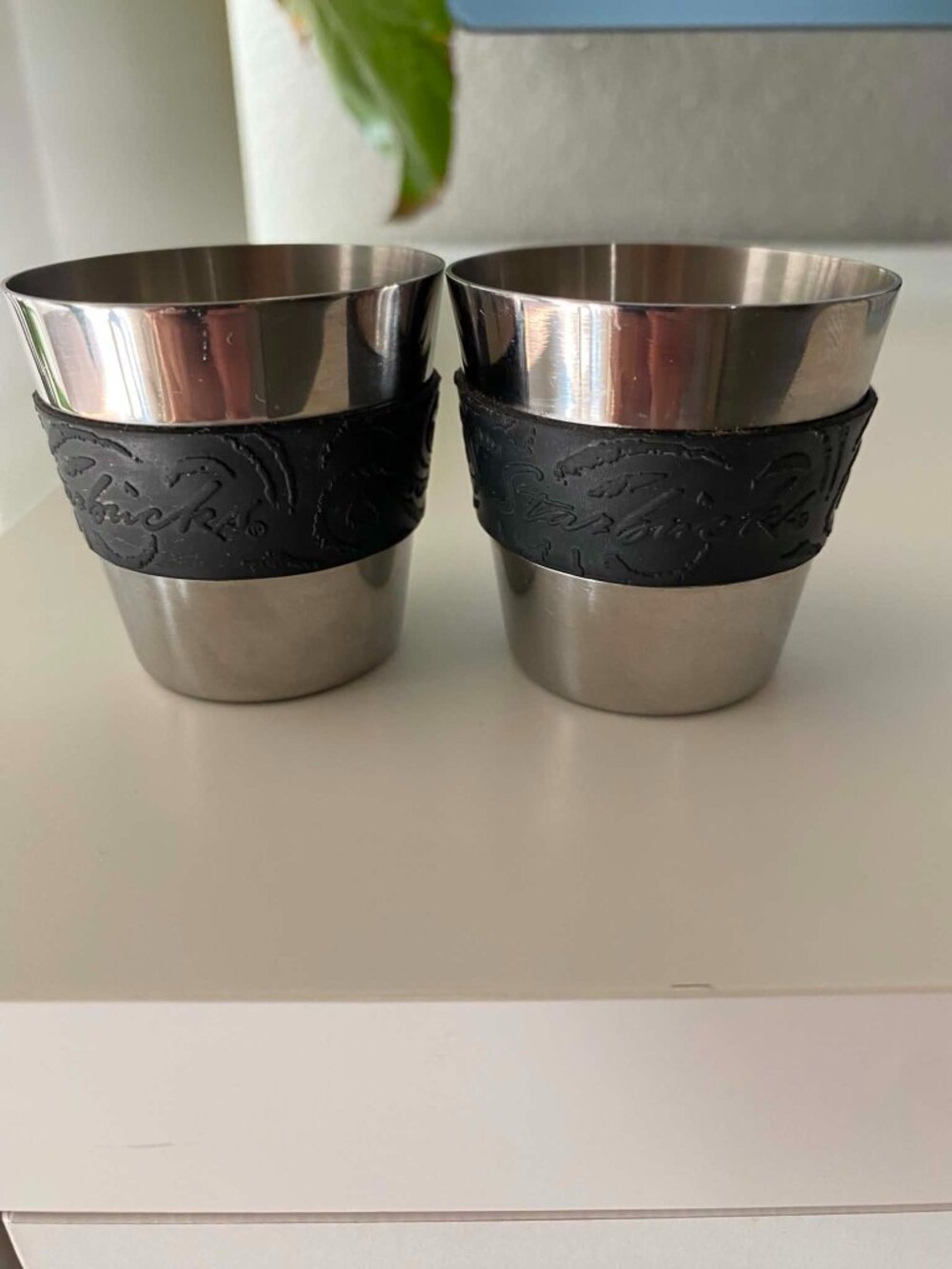 VTG 2 Starbucks Stainless Steel Espresso Shot Glasses w/Black Rubber Grip